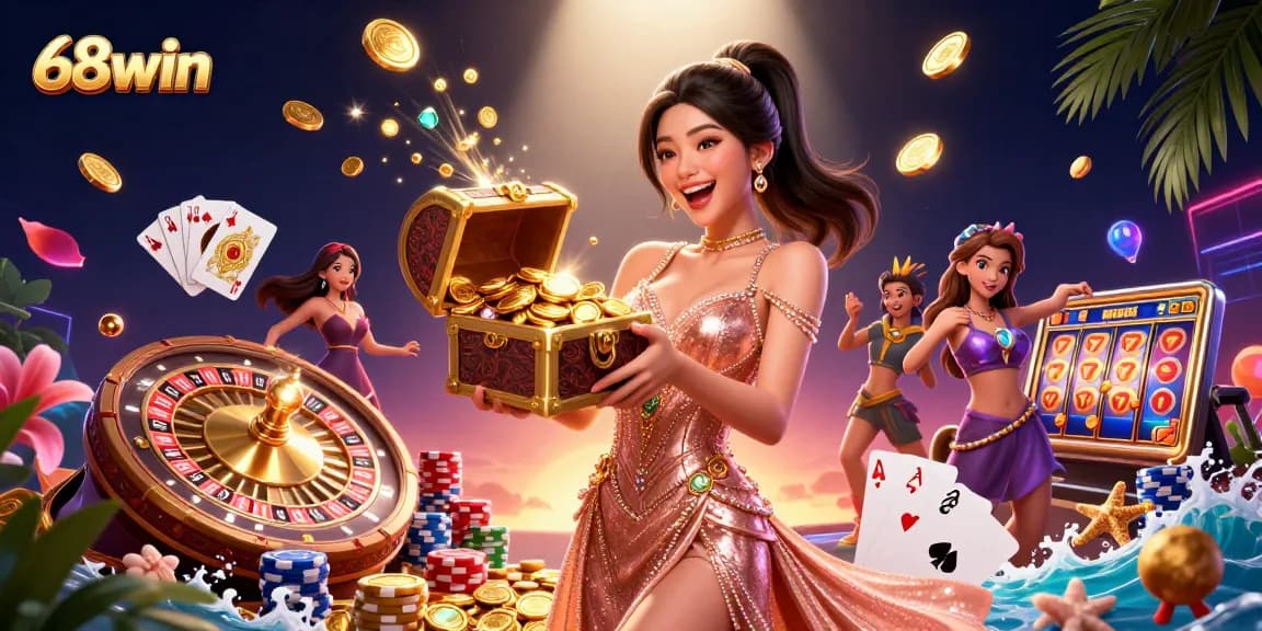 Experience the excitement of 68win with a stunning visual of a treasure-filled casino adventure.