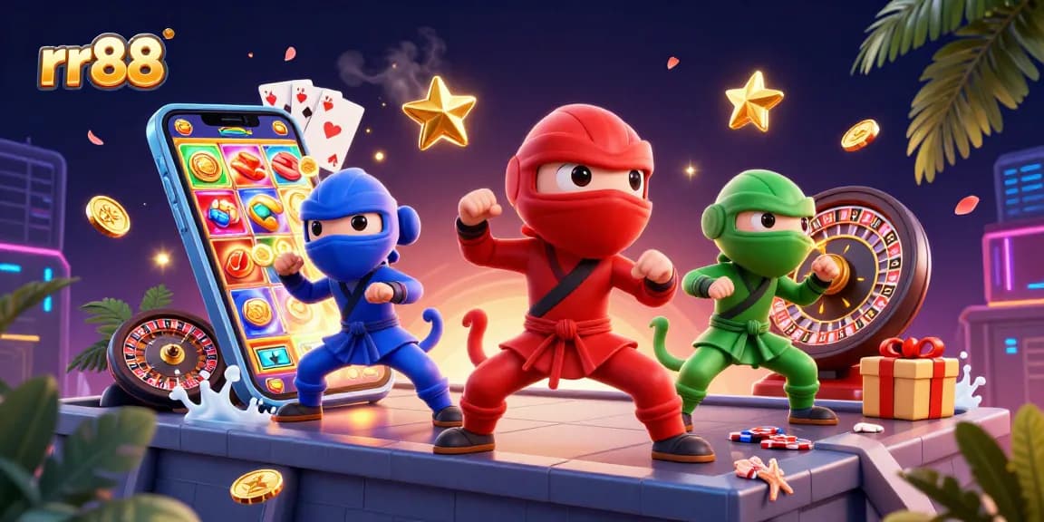 Experience vibrant gameplay at rr88 with a dynamic scene featuring chameleons and casino elements.