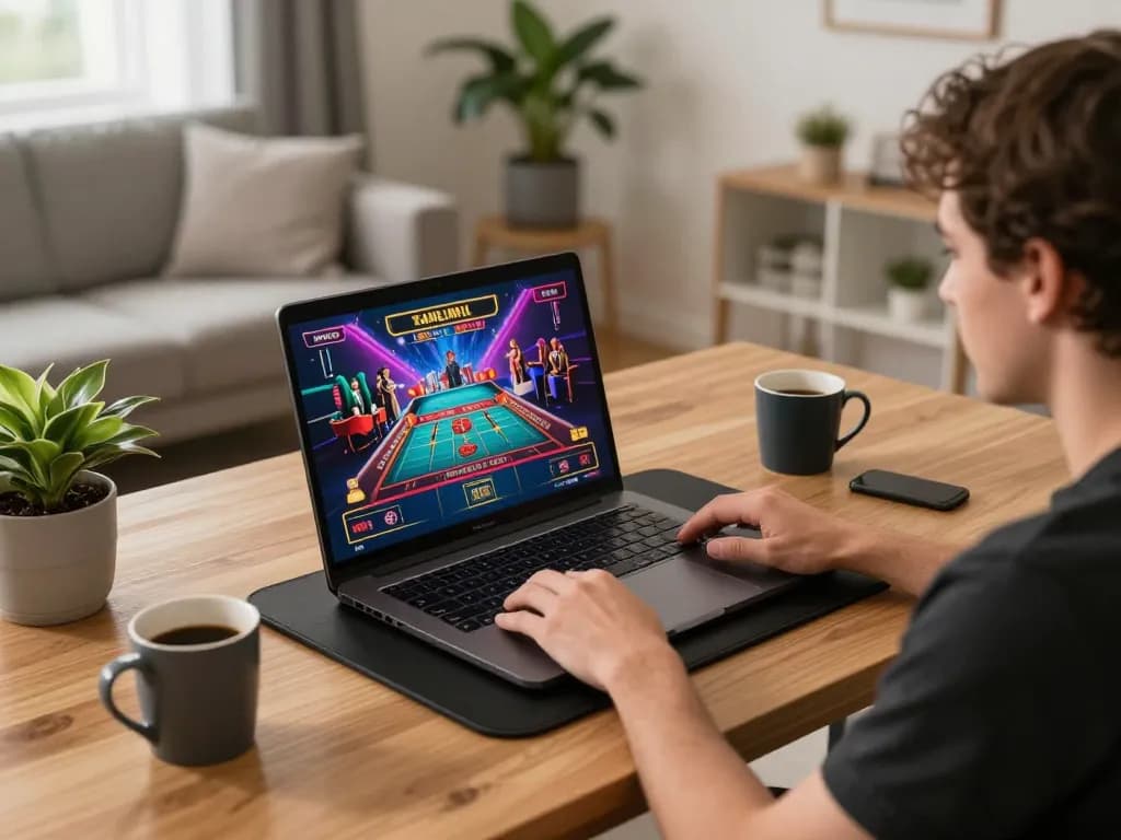 Engaging in a live dealer game on rik vip platform, showcasing a stylish online gaming setup in a cozy atmosphere