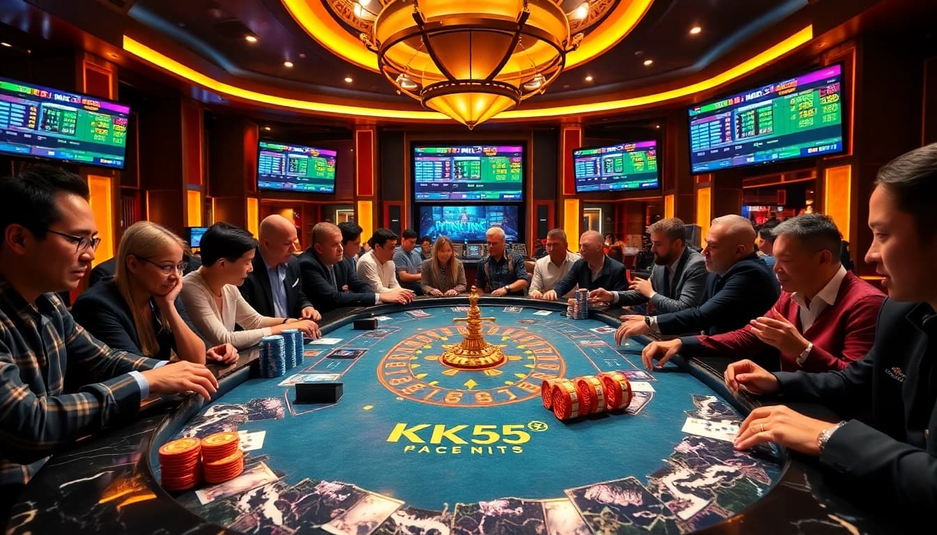 Players enjoying betting at the KK55 casino table, highlighting excitement and strategy.