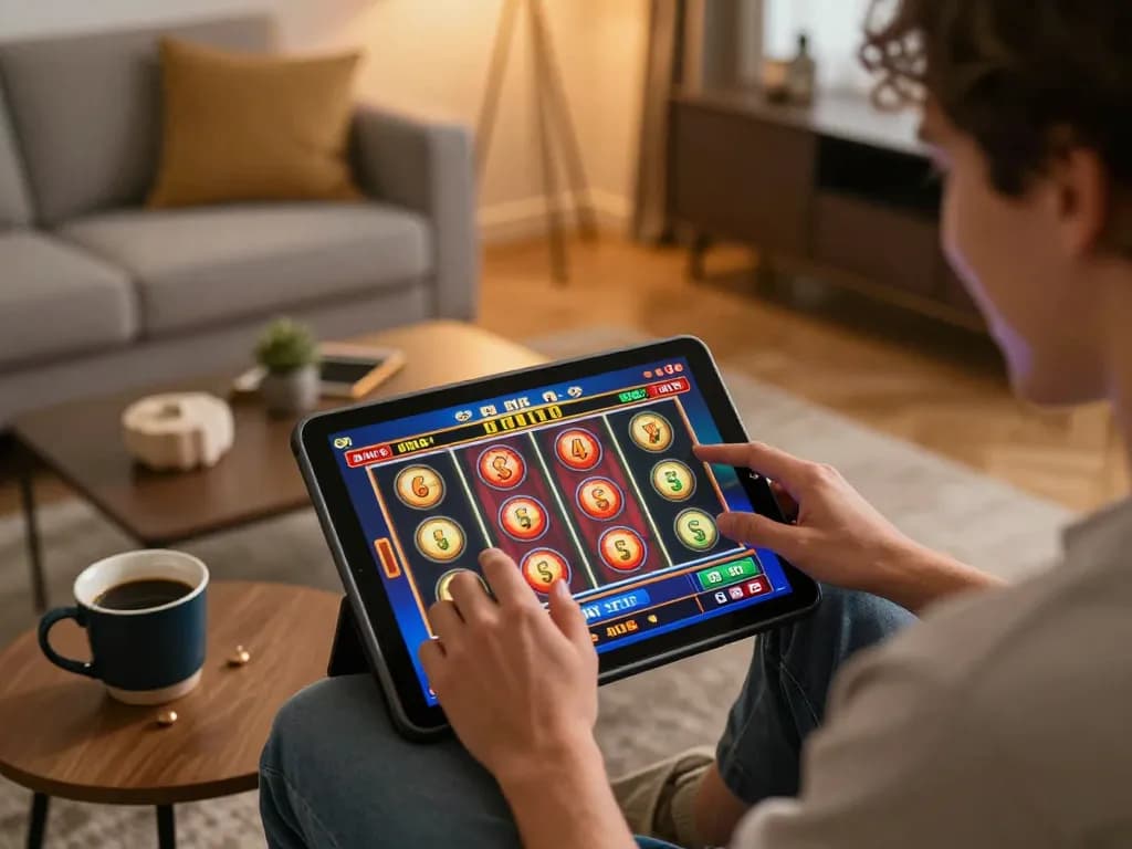 Player enjoying tg88 slot games on a tablet at home, showcasing engaging online gaming experience