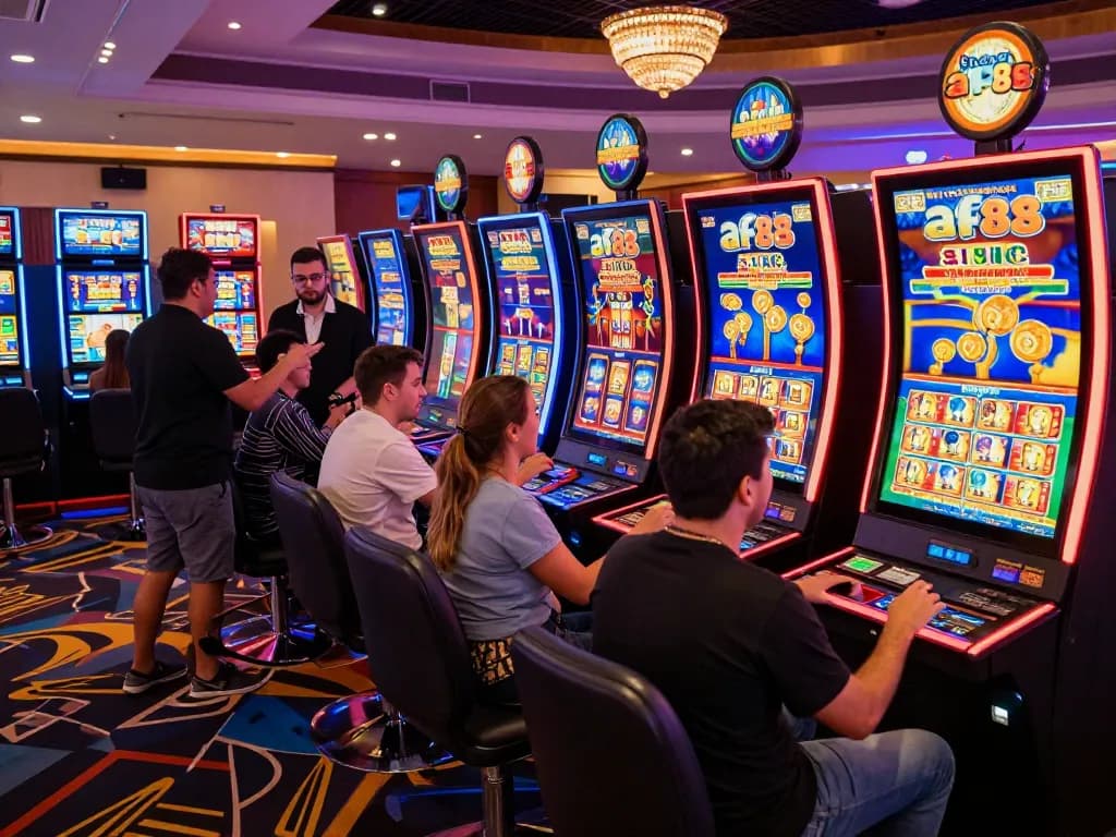 Exciting gaming moment at AF88 slot machines in a lively casino environment, showcasing vibrant colors and engaging players