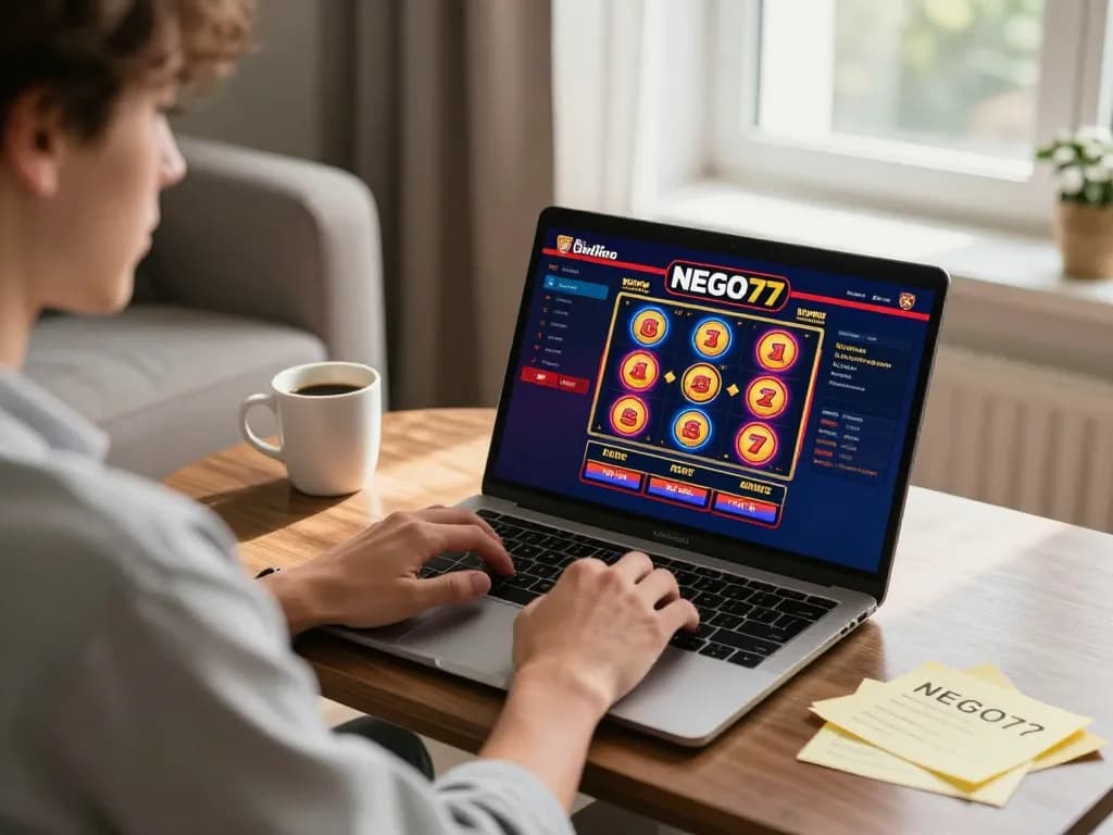 Player enjoying online gaming on NEGO77 site with strategic notes in cozy home setting.