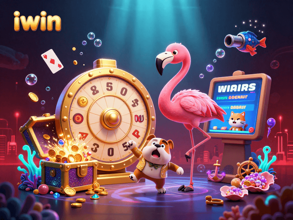 Spin to win at iwin's exciting casino with a vibrant game show scene featuring characters and gems.