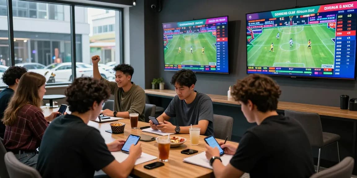 Exciting live sports betting atmosphere at OPEN88.COM with diverse bettors engaged in analyzing game statistics.