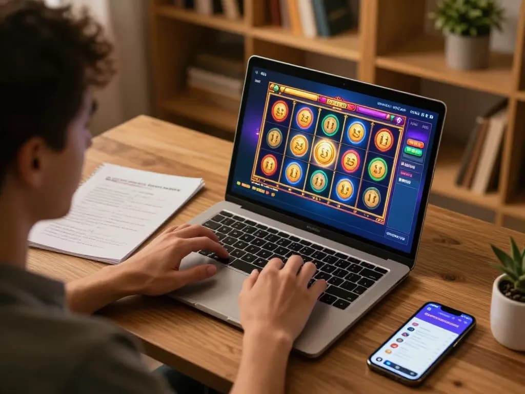 Engaging online gaming session at https://rr88.navy/ showcasing vibrant slot reels and strategic notes for better gameplay.