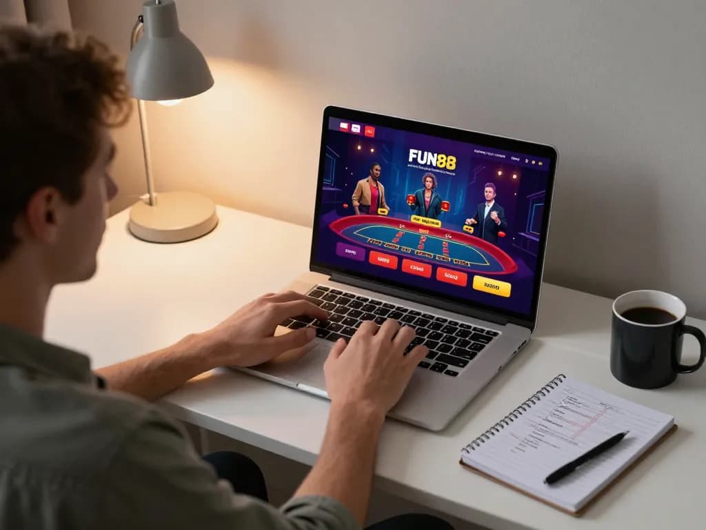 Engaging with Fun88's online blackjack, highlighting a responsible gaming setup in a cozy atmosphere
