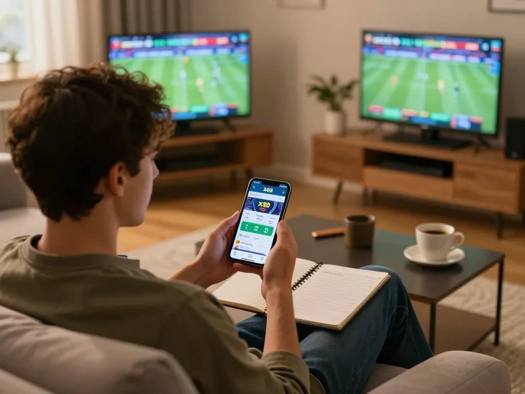 Person engaging with the xx88 betting app on smartphone in a cozy home setting, focused on sports betting.