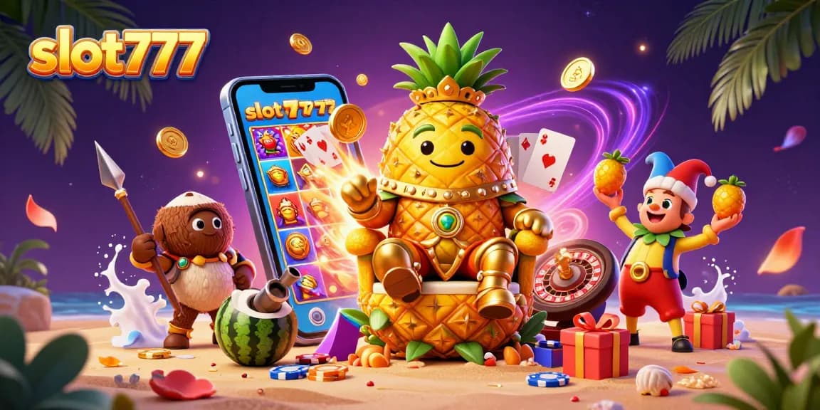 Experience thrilling gaming action with slot777 illustrated in a vibrant 3D scene featuring golden pineapple king.