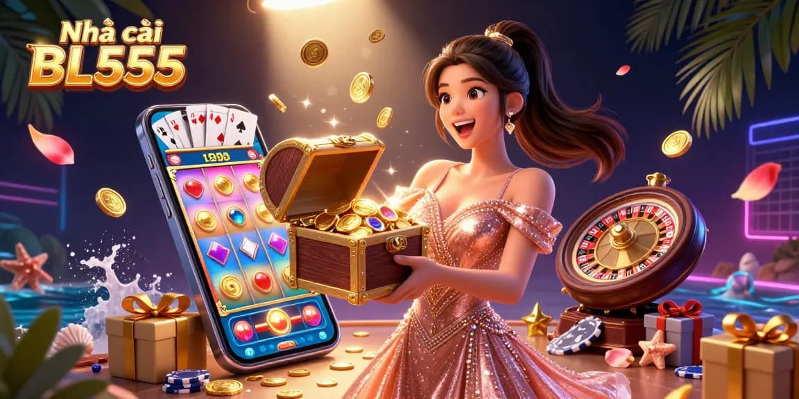 Engage with Nhà cái BL555 through an exciting treasure chest scene overflowing with casino game excitement.