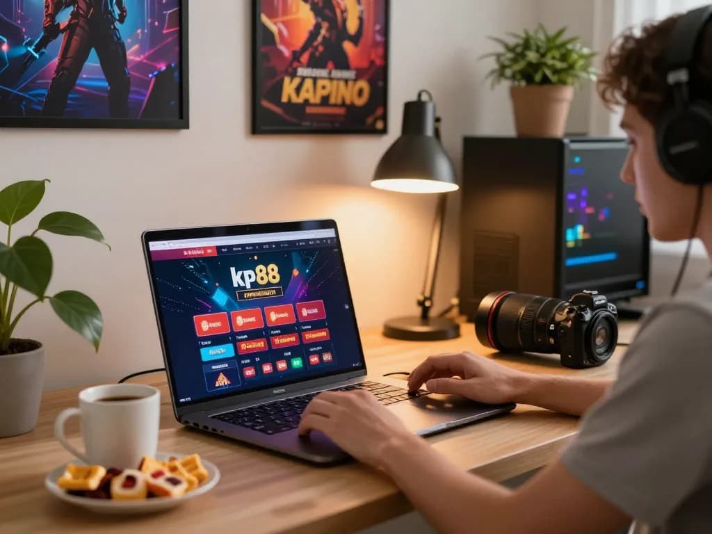 Engaging moment of user playing kp88 online casino on a laptop, showcasing a cozy home gaming environment.