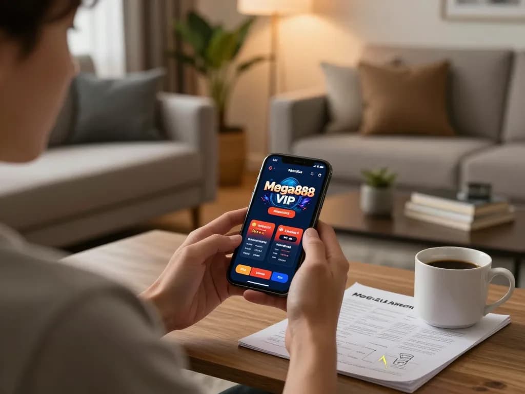 Mega888 VIP gameplay on smartphone in a cozy home setup showing focus and strategy.