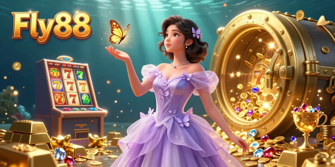 Experience the exciting games at Fly88, featuring captivating slots and vibrant gemstones in a luxurious setting.