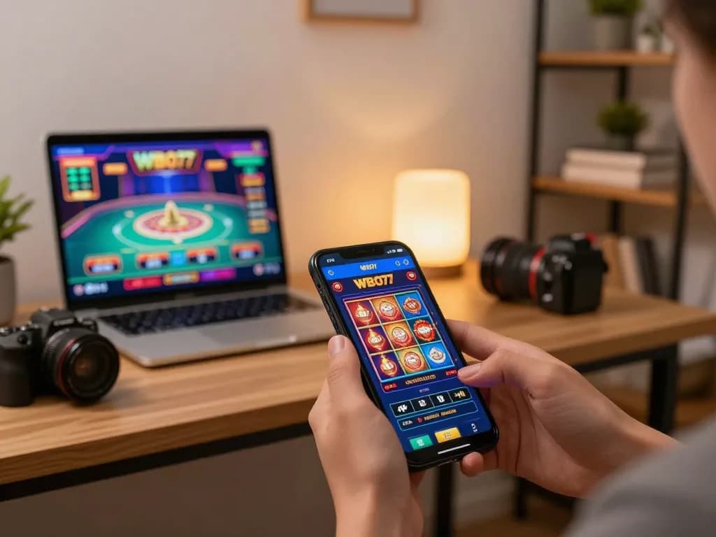 Engaging online gaming scene with a smartphone showing WBO77, emphasizing gameplay excitement and strategic opportunities.