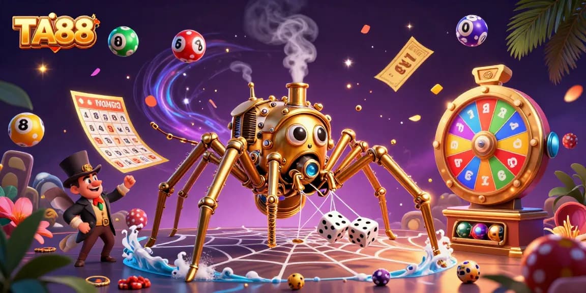 TA88's vibrant promotional illustration features a golden steampunk spider amidst dynamic gambling elements.