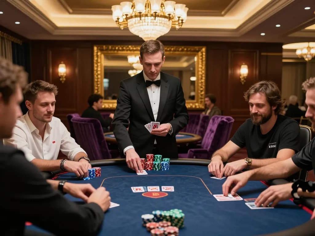 Engaged players at a high-stakes poker game registering their bets in a luxurious casino environment.