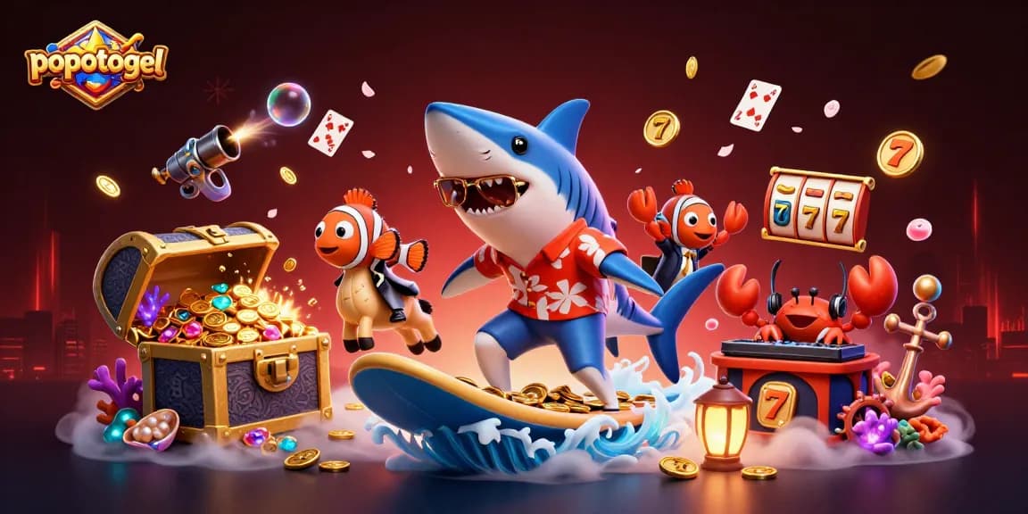 Engage with popotogel in a vibrant online casino where a shark, clownfish, and crab celebrate victories.