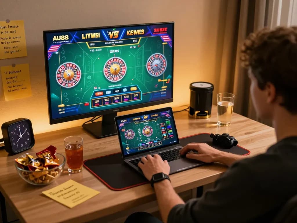 Engaging in live roulette at AU88 online casino with vibrant gaming setup and snacks