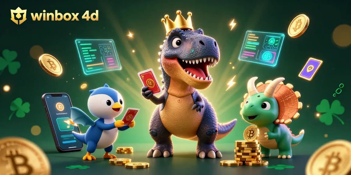 Shuffling cards with the T-Rex, the winbox 4d scene showcases a lively casino atmosphere.