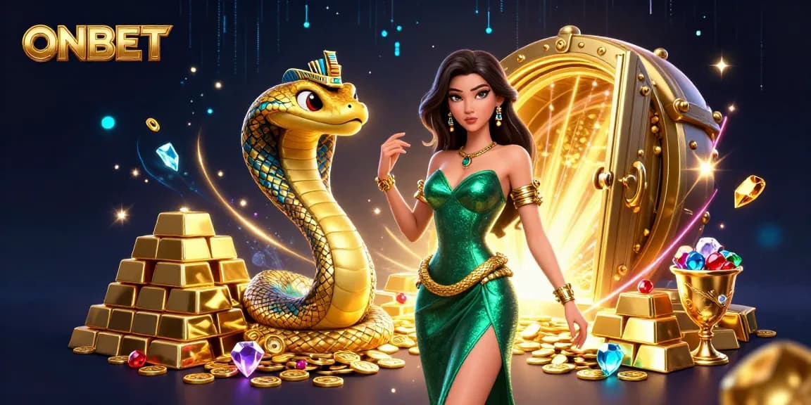 ONBET showcases thrilling casino gaming with a dazzling emerald-clad woman and golden treasures.