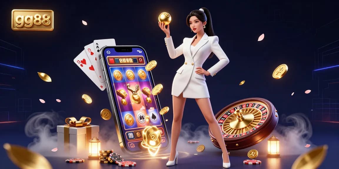 Experience the excitement of gg88 casino with slots, poker, and roulette in a vibrant 3D illustration.