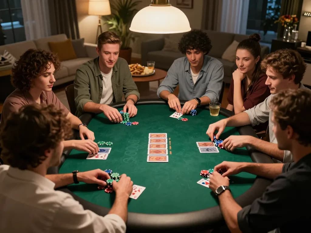 Friends engaging in poker gameplay at home, capturing the essence of the Leci123 site experience with lively interaction.