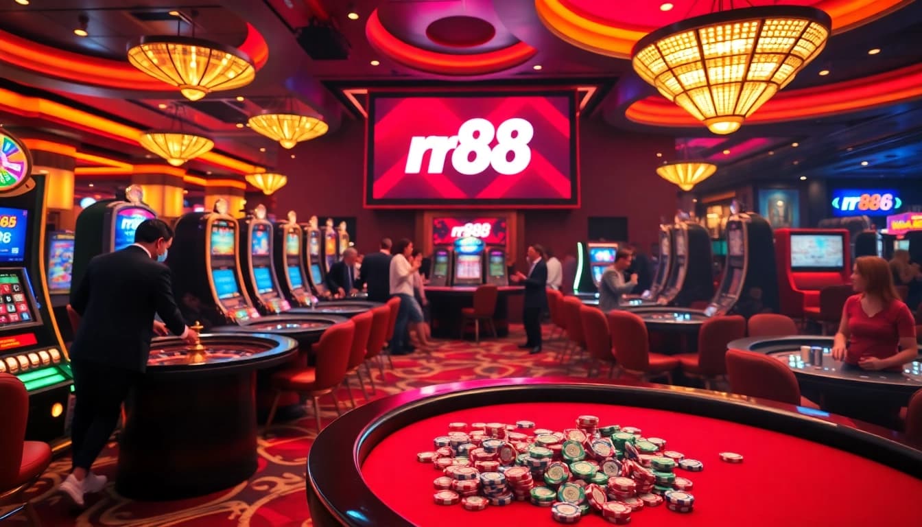 Experience the excitement of rr88 with players at the vibrant casino tables, capturing thrilling gambling moments.