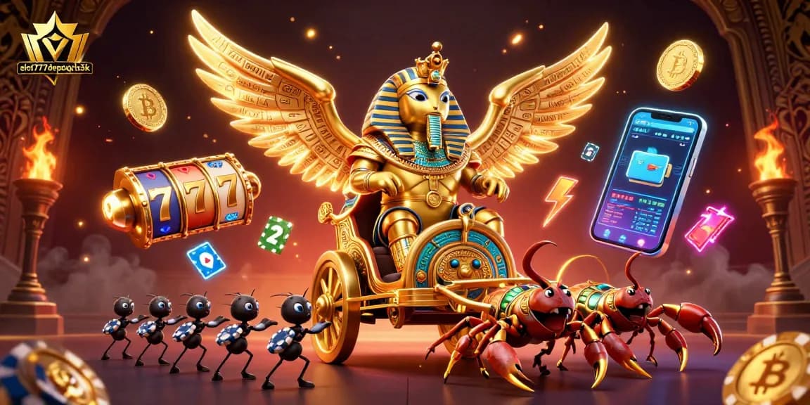 Experience the excitement of slot777depoqris5k with a vibrant, energetic casino scene featuring unique characters and game elements.