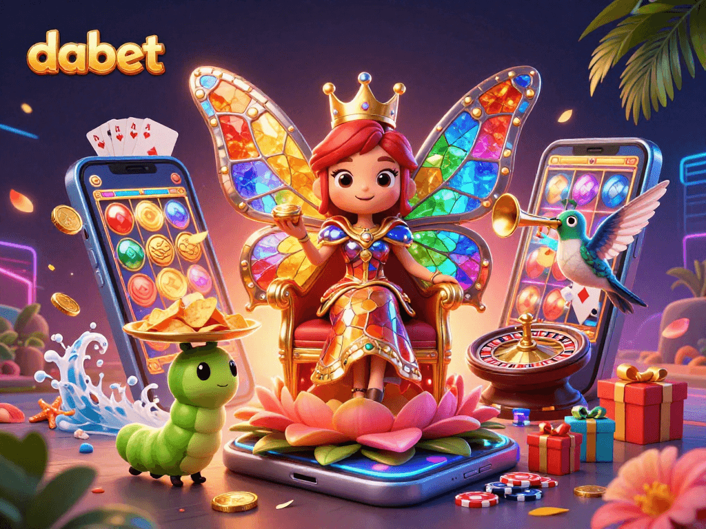 Experience the vibrant world of dabet with a dazzling butterfly queen and dynamic casino elements.