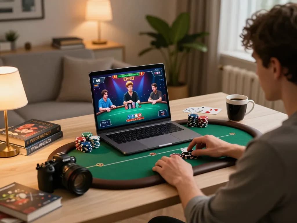 Pemain Dewi89 yang menikmati permainan poker di laptop, menunjukkan taruhan strategis di suasana rumah yang nyaman.