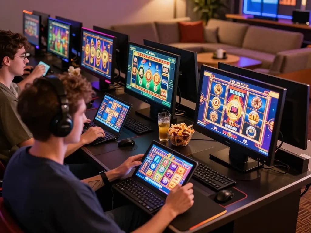 Players experiencing engaging slot games on their tablets in a lively home setting