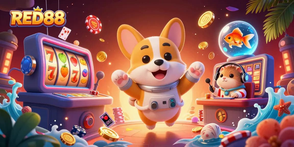 Experience the excitement of winning at RED88 with vibrant slot reels and playful characters in a cosmic casino.