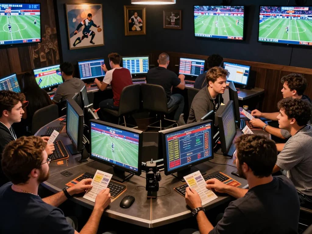 Engaging sports bettors making strategic wagers at the LC88 sportsbook, showcasing excitement and analysis