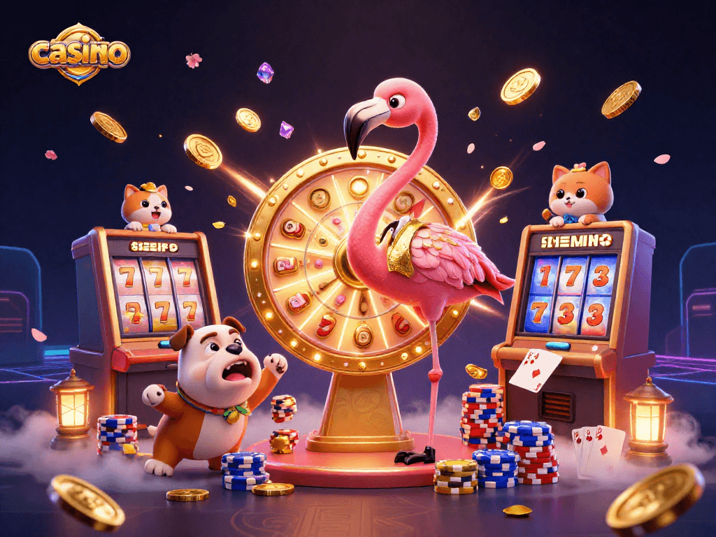 Exciting casino scene featuring a host flamingo, jumping bulldog, and scoreboard cat in a dynamic prize setting.