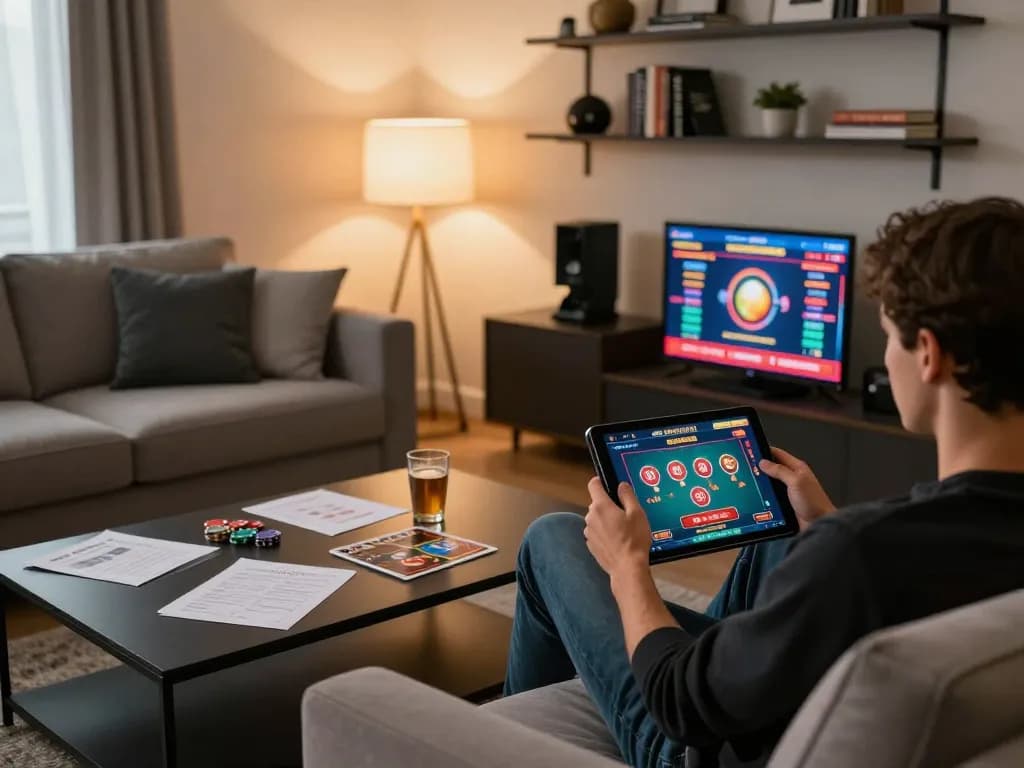 Engaging in online casino gameplay on tablet at home, showcasing open888 gaming interface comfortably