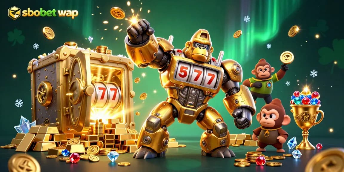 Bet on sbobet wap with a stunning 3D illustration featuring a golden gorilla mech and treasures bursting out.