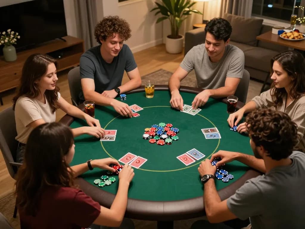 Friends engaging in a spirited poker game at home while using HB88 for entertaining gambling.