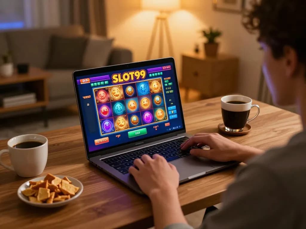 SLOT99 player immersed in online gaming, showing vibrant laptop screen and relaxed home setting.