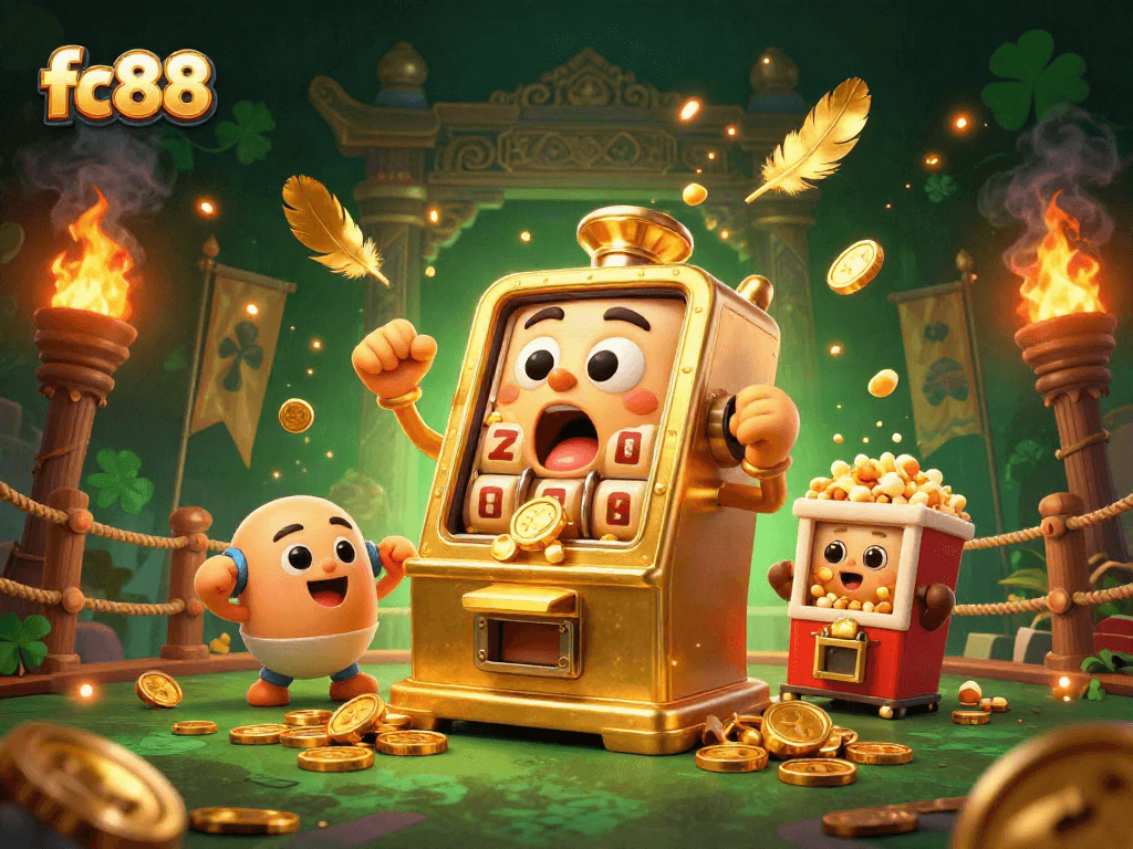 Máy slot vàng fc88 đang trúng lớn, phát ra tiền xu sôi động trong khung cảnh casino thú vị.