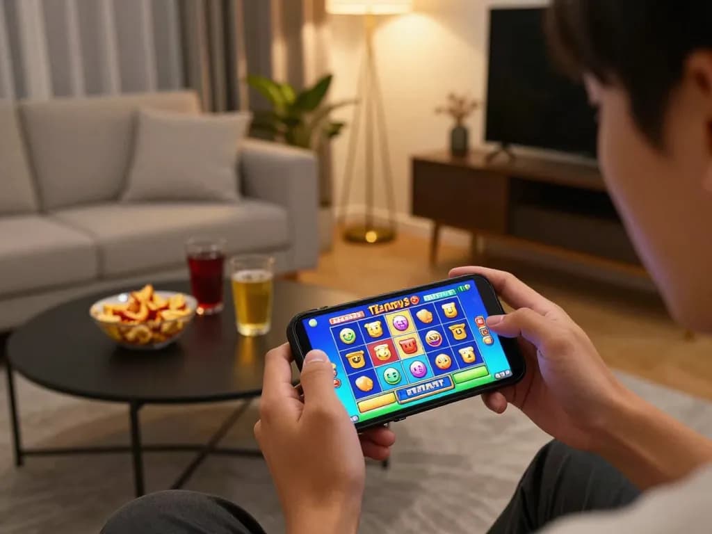 Engaged player enjoying Tempo 123 slot game on mobile device in a cozy setting