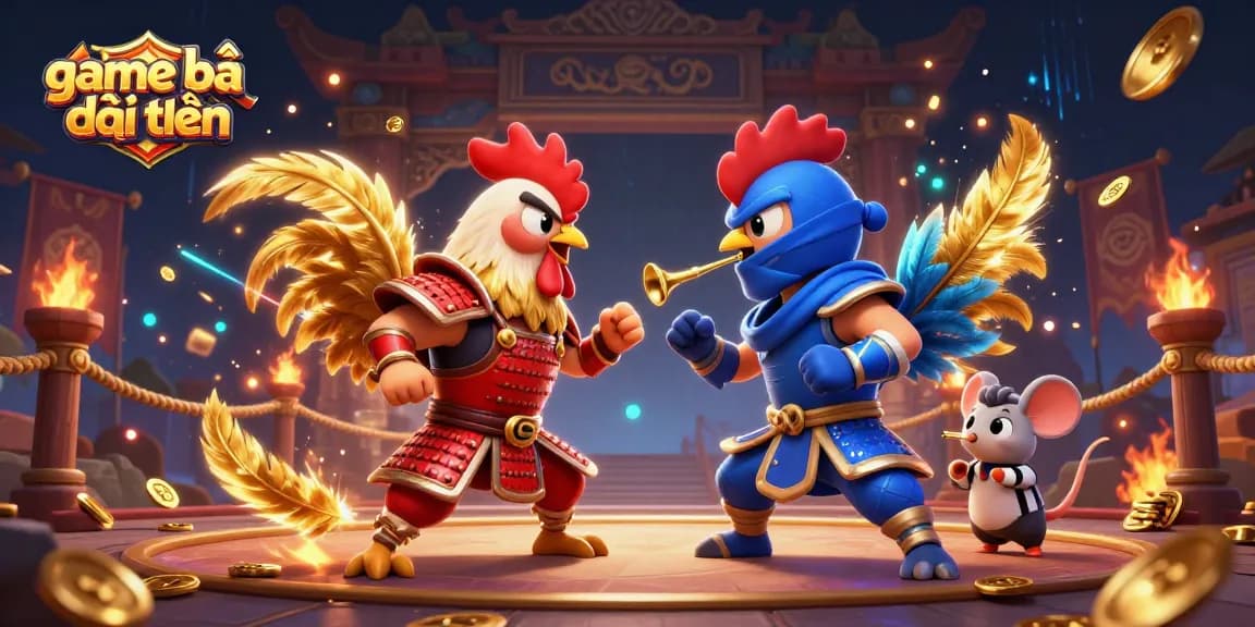 Engage in game bài đổi thưởng with fierce roosters battling amidst coins and glowing elements.