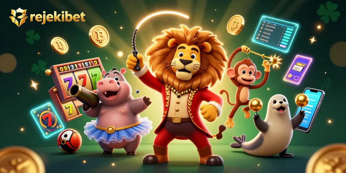 Play exciting slots with rejekibet in this vibrant 3D illustration featuring animated characters and gaming elements.