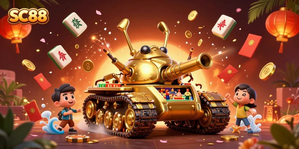 Engage in vibrant slot action at SC88 with a dynamic casino-themed illustration featuring golden elements and festive decor.