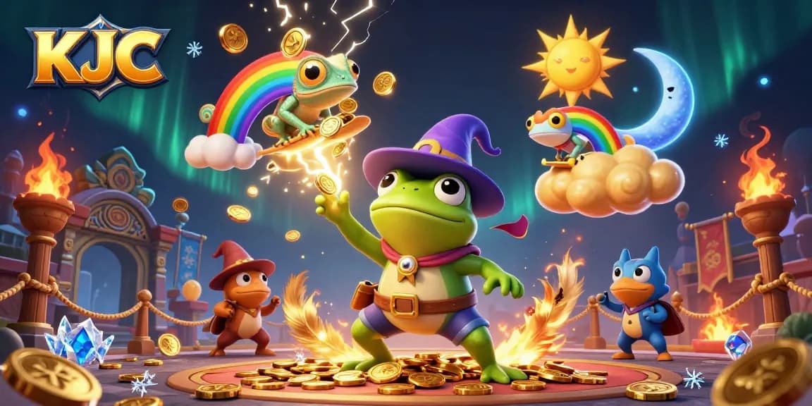 KJC's vibrant casino experience showcases a wizard frog and chameleon amidst golden coins