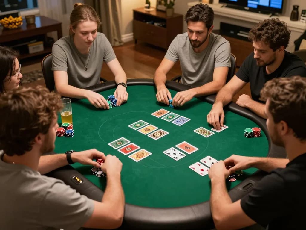 Engaging players enjoying poker at home with RR88 App on the table, showcasing social gaming.