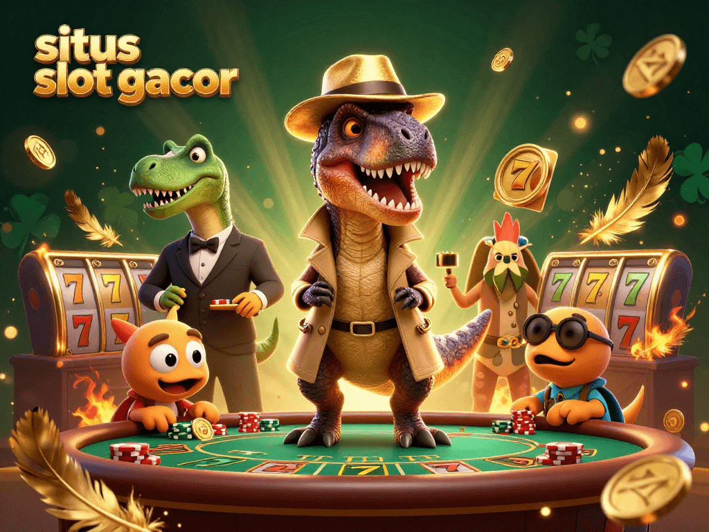Experience the excitement of situs slot gacor with a vibrant trio of characters at a dynamic casino setting.