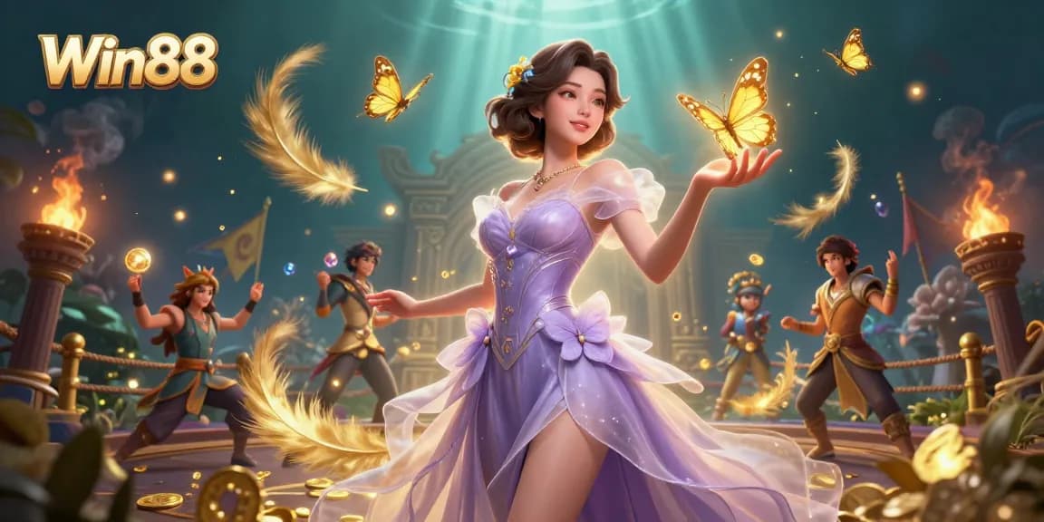 Win88 showcases a stunning Asian woman in a casino-themed garden, surrounded by golden butterflies and whimsical elements.