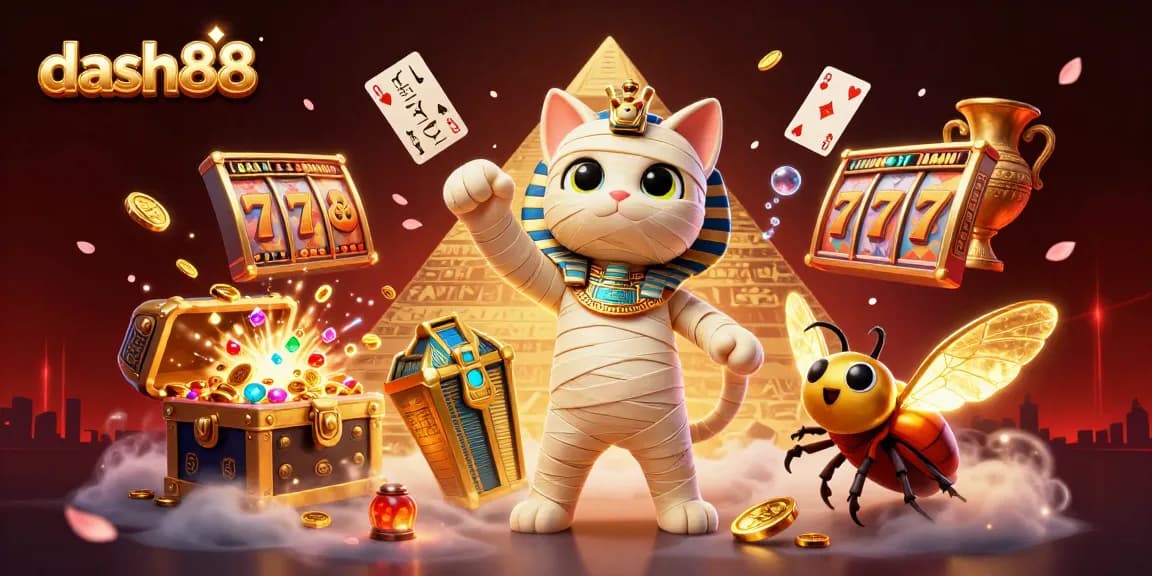 Experience dash88's thrilling gaming with vibrant slot games and a dynamic pyramid scene.