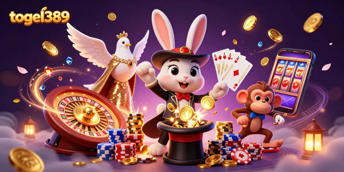 Experience thrilling gameplay at togel389 with a magical scene featuring the magician, dove, and monkey amidst casino elements.