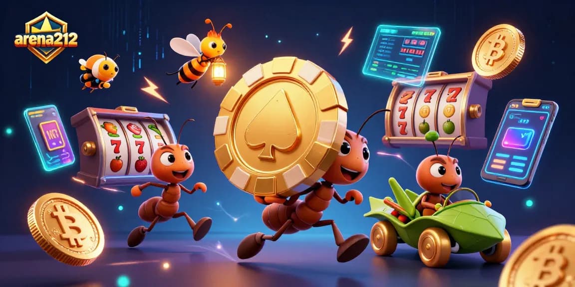 arena212 mengilustrasikan semut kartun 3D melancarkan aksi pencurian chip poker emas raksasa di kasino